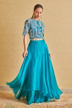 Shop for Osaa by Adarsh Green Organza Embroidered Top And Skirt Set for Women Online at Aza Fashions Skirt And Top Indian, Modern Lehenga, Green French, Zardozi Embroidery, Lehenga Designs Simple, Top And Skirt Set, Top Skirt Set, French Knots, Party Wear Indian Dresses