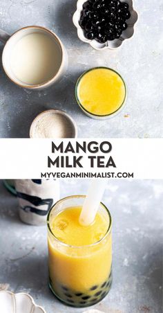 mango milk is being poured into a glass with blackberries in it and on the side