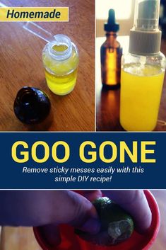 a collage of photos showing different types of homemade hand sanitizers, and the words goo gone remove sticky mess easily with this simple diy recipe