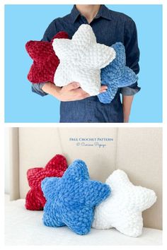 crocheted stars are shown in two different colors and sizes, one is red white and the other is blue