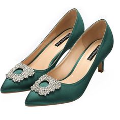 * Pretty Erijunor Satin Party Pumps * - Size: 8 - Heel Height: 2.5" - Upper Material: Satin - Color: Emerald Green - Rubber Sole - Point Toe - Cone Heels - Crystal Trapezoid Brooch At Toe - Comfortable Latex Padded Insole - Great For Wedding, Prom, Evening Party, Cocktails, Club, Homecoming, Graduations And Other Special Occasions Condition: New In Box; Never Used. Teal Dress Shoes, Evening Shoes Low Heel, Green Dress Shoes, Dressing Shoes, Dark Teal Dress, Mens Casual Wedding Attire, Women's Dress Shoes, Teal Green Dress, Casual Wedding Attire