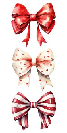 three bows with red and white stripes are shown in this watercolor painting style illustration