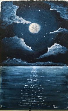 an acrylic painting of the moon and clouds over water