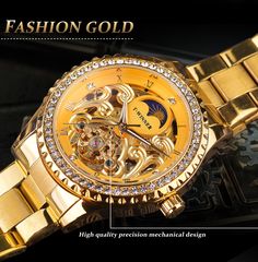 If you are fortunate enough to have this bracelet-style watch in your wearable collection, then adding radiance to your look is easy and fun. The dramatic golden color enhances the look and beauty of the watch. The men's watch features automatic self-wind movement and comes in a round shape.SpecificationsWater Resistance Depth: 3BarOrigin: CN(Origin)Clasp Type: Bracelet ClaspStyle: LuxuryMovement: Automatic Self-WindBand Length: 20cmCase Material: Stainless steelFeature: Moon PhaseFeature: Water