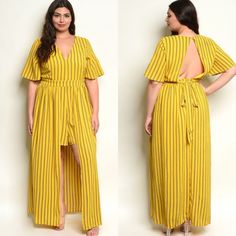 Plus Size Short Sleeve V-Neck Striped Maxi Over Lay Romper. Fabric Content: 100% Polyester Color: Yellow Length: 37” Summer Jumpers, Romper Jumpsuit, Striped Maxi, Plus Size Shorts, Yellow Stripes, Yellow Black, Black N Yellow, Pant Jumpsuit, Jumpsuit Romper