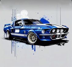 a blue and white mustang car painted with paint splatters