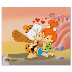 two cartoon characters are kissing in front of a heart shaped rock and paper background with hearts