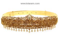 22 Karat Gold 'Lakshmi' Vaddanam, Oddiyanam, Waist Belt, Kammar Patta with Ruby,Emeralds,Cz & South Sea Pearls(Temple Jewellery)      Note: It is detachable vaddanam with screw. - 235-GV308 - in 207.800 Grams for USD $16196.11.  Made in India by Totaram Jewelers Online this product is in Gold - 22 Karat BIS Hallmark 916 KDM Gold  & is an excellent gift for Adult - Women. Ships fully insured with secured guaranteed delivery for free with your order over $250 from New Jersey USA & come 22k Gold Jewelry, Antique Gold Jewelry, Bridal Gold Jewellery Designs, Belt Style, Gold Jewelry Indian, South Sea Pearls, Sea Pearls, Bridal Gold Jewellery, Temple Jewellery