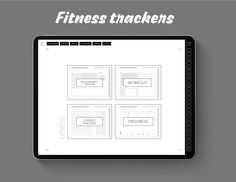 a tablet with the words fitness trackers on it and four screens showing different exercises