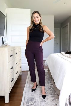 Plum Dress Pants Outfit, Purple Dress Pants Outfits, What To Wear With Purple Pants, Dark Purple Color Combinations Outfit, Purple Work Outfit, Purple Capsule Wardrobe, How To Style Purple Pants, Dark Purple Pants Outfit, Dark Purple Top Outfit