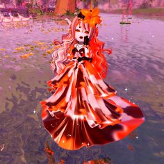 a digital painting of a woman in an orange dress floating on water with trees and flowers around her