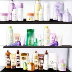 the shelves are filled with different types of beauty products