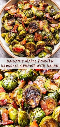 roasted brussel sprouts with bacon and balsami maple in a white bowl