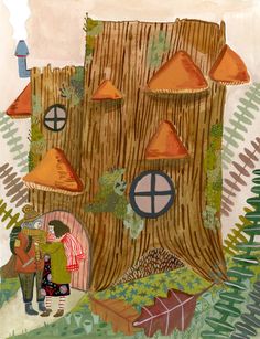 a drawing of a tree house with people standing in front of it and looking at the ground