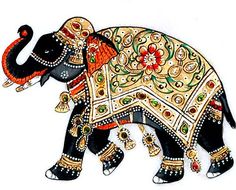 an elephant painted with intricate designs on it's body