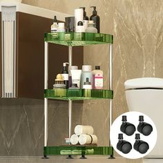 three tiered bathroom shelf with soap, shampoo and lotion bottles on it