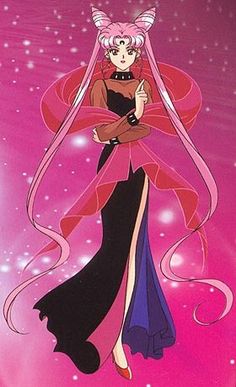 an anime character with long pink hair and black dress, standing in front of a purple background