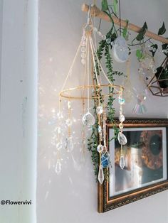 there is a hanging planter with many glass beads on it and a framed photo