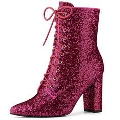 Allegra K Women's Glitter Pointed Toe Block Heel Ankle Boots Fuchsia 9 Kitten Heel Ankle Boots, Glitter Boots, Womens Chunky Heels, Closed Toe Shoes, Block Heel Ankle Boots, Chunky High Heels, Heel Ankle Boots, Pointed Toe Shoes, Womens Ankle Boots