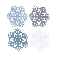 four snowflakes are shown in three different colors and sizes, one is blue