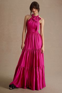 The Mac Duggal Ruffle Halter Gown stuns with a maxi A-line silhouette, statement bow detail, accentuated, pleated waist, and tiered ruffle skirt - all in the name of artful elegance. Different Bridesmaid Dresses, High Neck Gown, Halter Neck Gown, High Low Gown, Tulle Maxi Dress, Affordable Bridesmaid Dresses, Halter Gown, Black Tie Dress