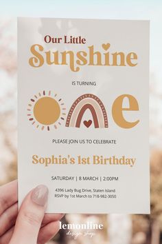 Little Sunshine Birthday Invitation, Sunshine 1st Birthday Invitation, Sun Rainbow Invitation #KidsPartyTime #KidsPartyPlanner You Are My Sunshine Birthday Party Invitation, Ray Of Sunshine First Birthday, Ray Of Sunshine Birthday Party, Our Little Sunshine Is Turning One, Sunshine First Birthday Party Girl, First Birthday Sunshine Theme, 1st Birthday Sunshine Theme, Sunshine 1st Birthday Party Girl, Sunshine And Rainbows Birthday