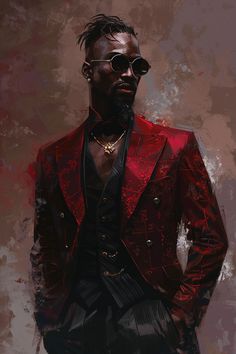 a painting of a man in a red jacket and sunglasses