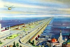 an artist's rendering of a highway going over the ocean with a helicopter flying above it