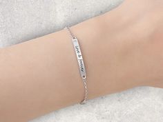 ✨ Shine bright with our Personalized Silver Bar Bracelet! ✨ This elegant, custom-made bracelet features a sleek silver bar that can be engraved with your name, initials, or a special message. Perfect for celebrating your unique style or giving a meaningful gift to someone special. This bracelet is a timeless addition to any jewelry collection. 💖 🌟 Product Details: Material: High-quality silver Customization: Engrave with up to 20 characters Style: Minimalist, modern Perfect For: Gifts, persona Minimalist Sterling Silver Name Bracelet For Friendship, Minimalist Sterling Silver Friendship Name Bracelet, Minimalist Silver Stainless Steel Name Bracelet, Simple Personalized Silver Bracelets, Minimalist Sterling Silver Name Bracelet, Silver Rectangular Minimalist Name Bracelet, Everyday Silver Hand Stamped Name Bracelet, Minimalist Stamped Silver Bracelets, Minimalist Hand Stamped Sterling Silver Bracelets