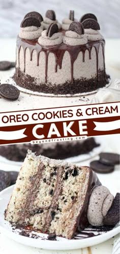 two cakes with oreo cookies and cream on top, one cake has chocolate chips