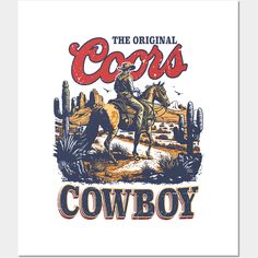 Vintage Coors Cowboy design featuring an original Western desert scene. Perfect for fans of cowboys, and Western heritage. Ideal for collectors, beer enthusiasts, and those who love rustic, vintage aesthetics. Great for birthdays, Father's Day.Perfect for men, women, and kids who love cowboy culture and Western style. Ideal gifts for Cowboy fans, country music lovers, and outdoor adventurers. Great for celebrating events like Christmas, Thanksgiving, Halloween, and Independence Day. -- Choose fr Cowboy Posters Vintage, Vintage Western Graphic Design, Vintage Western Party, Western Wall Prints, 70s Western Aesthetic, Gifts For Cowboy, Sketchbook Exercises, Cricket Stickers, Rodeo Decor