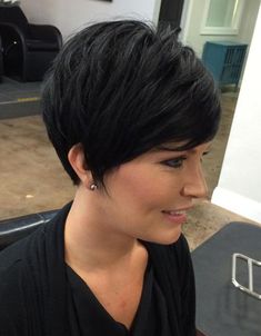 Short haircuts that are stop-you-in-your-tracks gorgeous Pixie Hairstyles For Brunettes, Short Dark Pixie Hairstyles, Long Pixie Brunette, Pixie Haircut With Long Bangs, Dark Pixie Cut, Layered Pixie Haircuts, Brunette Pixie