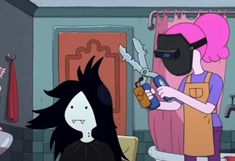 a cartoon character is using a hairdryer to cut another person's hair