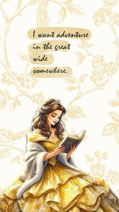 a woman in a yellow dress reading a book with a quote above her that says, i want adventure in the great wide somewhere