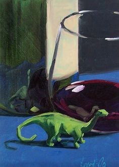 a painting of a wine glass with a toy dinosaur next to it