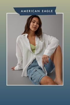 Lightweight & breezy woven cotton blend/Long sleeves with roll-and-button-up cuffs/Button-up front/Collar/Left chest pocket/This shirt is Real Good: made using cotton sourced through the Better Cotton Initiative White Jeans Men, Athletic Fit Jeans, Jean Trends, Curvy Jeans, Graduation Outfit, Loose Jeans, Beach Shirt, Medium Wash Jeans, Women Denim Jeans