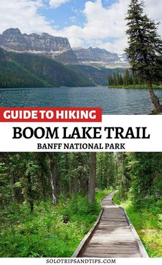 a wooden boardwalk in the woods with text overlay reading guide to hiking boom lake trail, banff national park