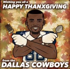 an image of a happy thanksgiving from the dallas cowboys with a fork and spoon in his hands