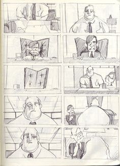 the storyboard is drawn in pencil and shows several different scenes, including a man sitting at