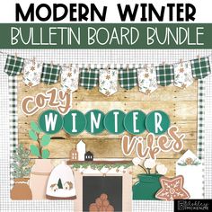 the modern winter bulletin board bundle is shown with green and white paper decorations, including an evergreen