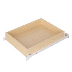 a wooden tray with metal handles on a white background