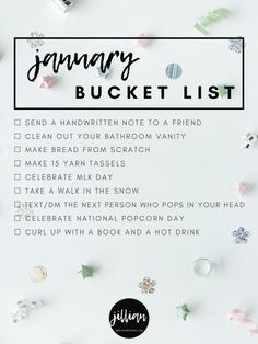 the january bucket list is shown with stars and confetti scattered around it on a white background