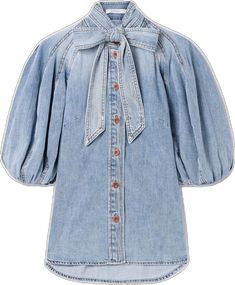 Fall Denim Puff Sleeve Top, Blue Denim Blouse With Puff Sleeves, Net A Porter, Denim Shirt, Women Collection, Neck Tie, Lanterns, Porter, Collage