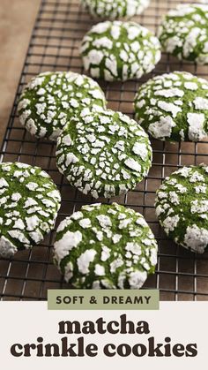 soft and dreamy matcha crinkle cookies with white powdered sugar on top