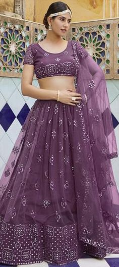 Purple and Violet color Lehenga in Net fabric with Sequence, Thread work Long Dress Outfit Ideas, Long Dress Outfit, Wedding Purple, Teen Dress, Flair Dress, Violet Color, Dress Up Outfits, Net Fabric, Wedding Lehenga