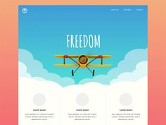 a website page with a small yellow plane flying in the sky and clouds above it