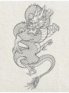 a black and white drawing of a dragon