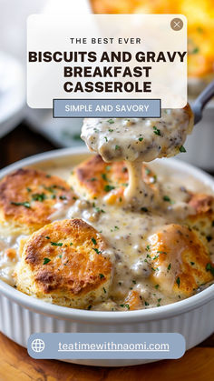 biscuits and gravy casserole in a white dish with the title overlay