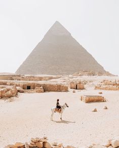 a person riding a horse in front of the pyramids