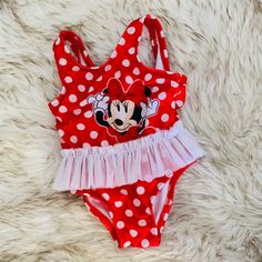 3-6 Month Swimsuit; Washed Once In Free & Clear Never Worn Cute Red Fitted Bodysuit, Cute Red Fitted Onesie, Cute Fitted Red Onesie, Cute Fitted Red Bodysuit, Cute Red Swimwear For Playtime, Red Fitted Bodysuit For Playtime, Red Fitted Bodysuit For Casual Wear, Disney Princess Swimsuit, Disney Swimsuit